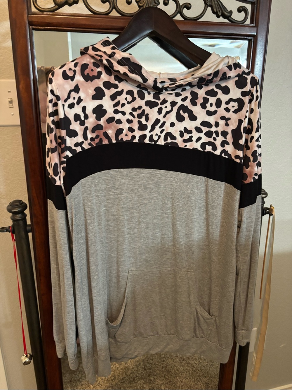 Women's Leopard Animal Print Colorblock Pullover Hoodie Pockets XL
